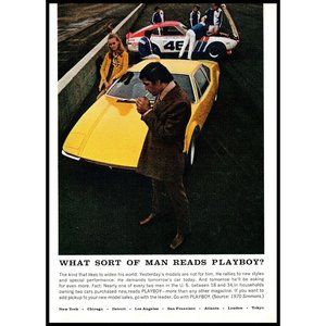 1970 What Sort of Man Reads Playboy Vintage Print Ad Racetrack Race Car Wall Art